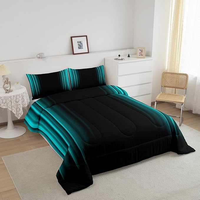Geometric Abstract Ombre Comforter Set Kids Teens Teal and Black Striped Bedding Bed Set Decor Modern Fashion Comforter Inner Fill Bedroom Collection 3Pcs Queen Size