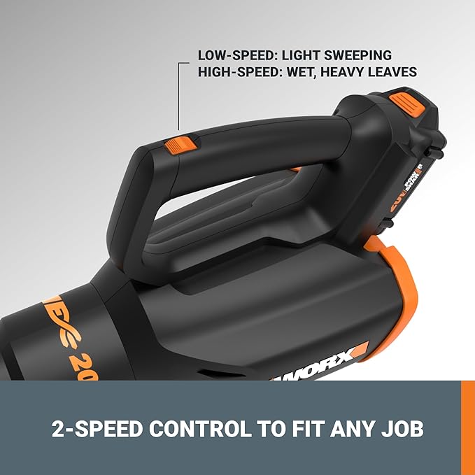 Worx 20V Cordless Leaf Blower WG547, Electric Blower, Powerful Turbine Fan Technology, 2-Speed Control, for One-Hand Operation, PowerShare – 1pc 2.0 Ah Battery and 1pc 0.4 A Charger Included