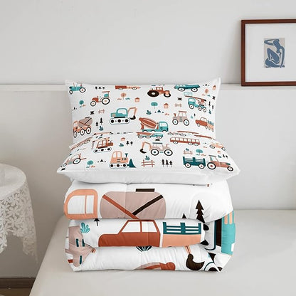 Feelyou Boys Cartoon Car Comforter Set, Kids Construction Cars Trucks Comforter for Children Cartoon Botanical Truck Bedding Set Cute Cars Quilt Set with 1 Pillowcase 2Pcs Bedding Twin