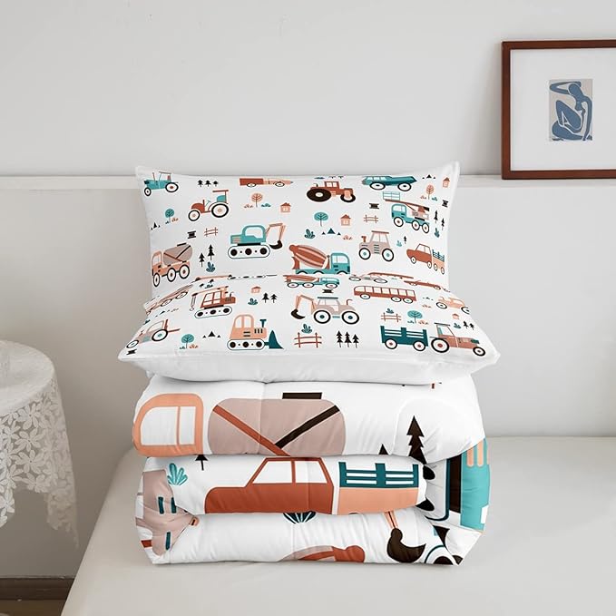 Boys Cartoon Car Comforter Set, Kids Construction Cars Trucks Comforter for Cartoon Botanical Truck Bedding Set Cute Cars Quilt with 2 Pillowcases 3Pcs Bedding Full Boys