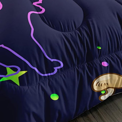 Mushroom Kawaii Cat Comforter Set Twin Size Kids Mushroom Bedding Set Star Theme Quilt Bed Set for Boys Girls Adults with 1 Comforter and 2 Pillowcases