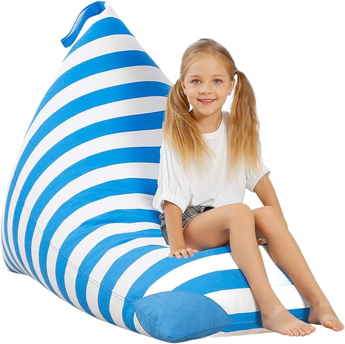 Aubliss Stuffed Animal Storage Bean Bag Chairs Cover, 50"x 35" Extra Large Bean Bags Chair for Kids & Adults, Beanbag Toy Storage for Boys Girls - Premium Cotton Canvas Blue Stripe