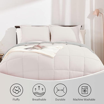 Basic Beyond Queen Comforter Set - Fluffy Comforter Queen Set for All Seasons - Reversible White Queen Comforter Set for Mens - 3 Pieces (1 Comforter + 2 Pillow Shams) - White/Grey