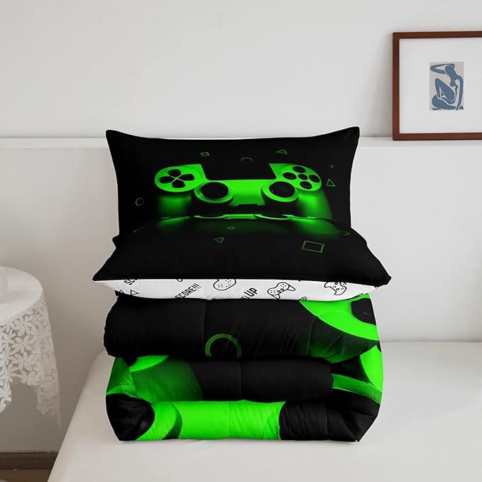 Gamer Comforter Set For Boys Full,Gaming Bedding Comforters For Kids Teens Men Game Room Decor,Video Game Down Comforter Reversible Retro Green Gamepad Controller Quilt Duvet Sets Home Decor 3 Pcs