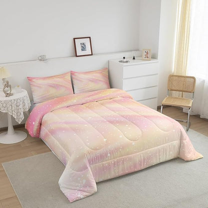 Erosebridal Girly Pastel Galaxy Bedding Comforter Sets King Size, Glitter Galaxy Bedding Tie Dye Gradient Sparkle Comforter Set for Boys Girls Teenagers Bedroom, Pink Yellow Ombre Duvet Insert, 3 Pcs
