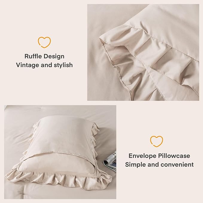 Andency California King Comforter Set Khaki (104x96Inch), 3 Pieces Cal King Ruffle Comforter, Oversized Farmhouse Shabby Chic Bed Comforter, Lighteweight and Soft Microfiber Bedding Set