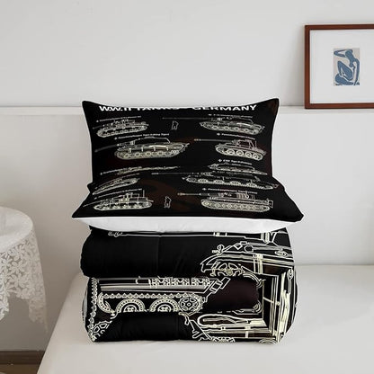 Tank Comforter Set Queen, War Theme Bedding Set, Soldier Dirt Bike Camouflage Army Acting Down Comforter For Kid Boy Teen Men,Camo Vintage Style Quilt Set, Military Vehicle Duvet Set Room Decor