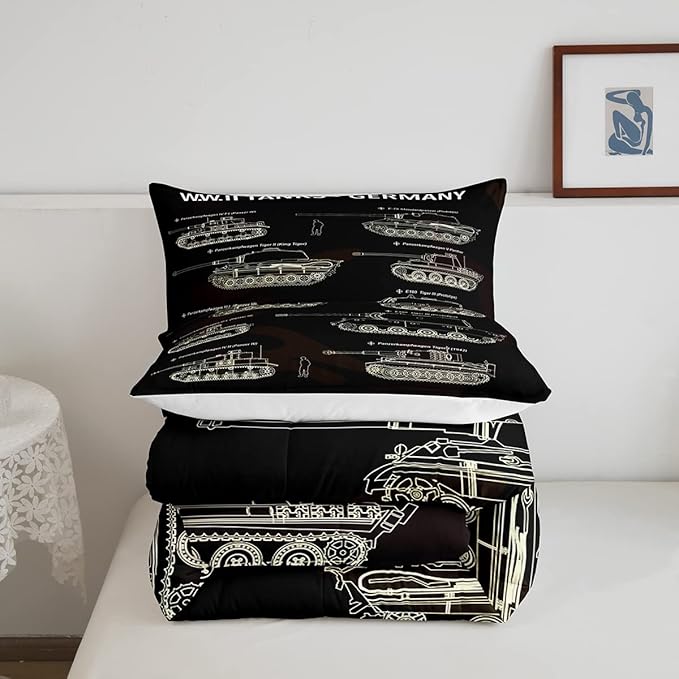 Tank Comforter Set Full, War Theme Bedding Set, Soldier Dirt Bike Camouflage Army Acting Down Comforter For Kid Boy Teen Men,Camo Vintage Style Quilt Set, Military Vehicle Duvet Set Room Decor