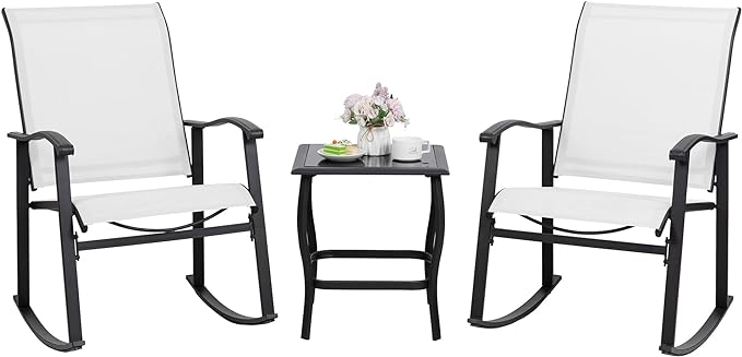 Shintenchi 3 Piece Rocking Bistro Set, Outdoor Furniture with Rocker Chairs and Glass coffee table set of 3, Balcony, Porch Furniture for Small Space, White