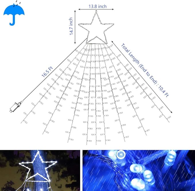 PUHONG Christmas Decoration Star Lights Outdoor,320 LED 16.4Ft Christmas String Lights[8 Modes & Waterproof] for Halloween Xmas New Year Holiday(Iron) (White)