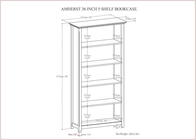 SIMPLIHOME Amherst SOLID WOOD Transitional 5 Shelf Bookcase for The Living, Study Room and Office, 36 inch, Hickory Brown