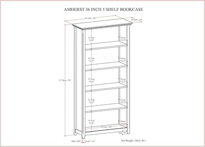 SIMPLIHOME Amherst SOLID WOOD Transitional 5 Shelf Bookcase for The Living, Study Room and Office, 36 inch, Hickory Brown