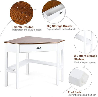 Nightcore Small, Wood Computer Desk, Compact Writing w/Drawer & Storage Shelves, Space Saving Study Workstation, Laptop PC Corner Table, Natural
