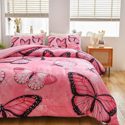 Btargot 3 Piece Pink Butterfly Girls Kids Adults Queen Size Comforter Set, Lightweight Soft All Season Bedding Set with 2 Pillowcases