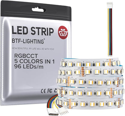 BTF-LIGHTING RGBCCT 5 Colors in 1 LED Tape Lights 5050SMD RGBWW RGB+Dimmable Color Temperature 2700K-6500K 16.4ft 96LED/m 480LED IP30 DC24V White PCB for Home Decoration(No Adapter or Controller)
