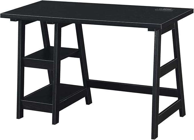 Convenience Concepts Designs2Go Trestle Desk with Charging Station and Shelves, Black