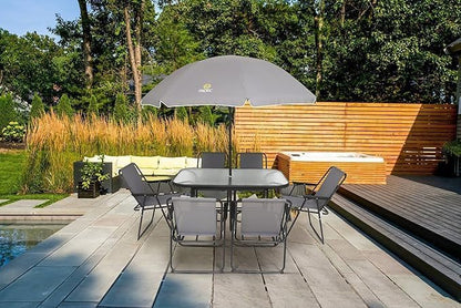 Nice C Outdoor Dining Sets, Patio Furniture Set, 8 Piece Set with Umbrella, Garden Outdoor Furniture Table Set with Tilted Removable Umbrella, Glass Table, and 6 Folding Chairs (Grey)