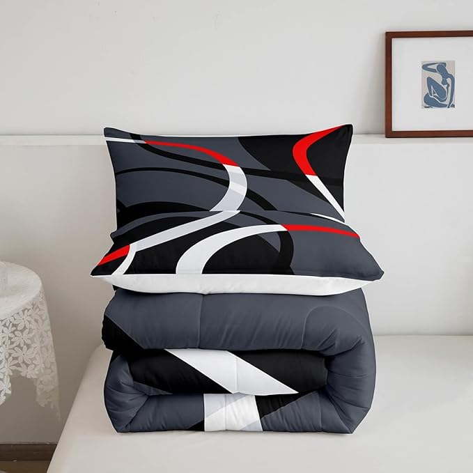 Geometric Circle Comforter Set Red Grey and Black Comforter for Kids Boys Girls Teens Geometry Bedding Set Breathable Abstract Art Duvet Set Modern Luxury Room Decor Quilt Set Full Size