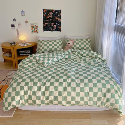 Wellboo Green White Plaid Comforter Sets California King Women Men Sage Green Checkerboard Grid Bedding Comforters Cal King Cotton Modern Grass Green and White Checkered Geometric Luxury Abstract Bed