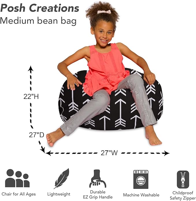 Posh Creations Bean Bag Chair for Kids, Teens, and Adults Includes Removable and Machine Washable Cover, Canvas White Arrows on Gray, 27in - Medium