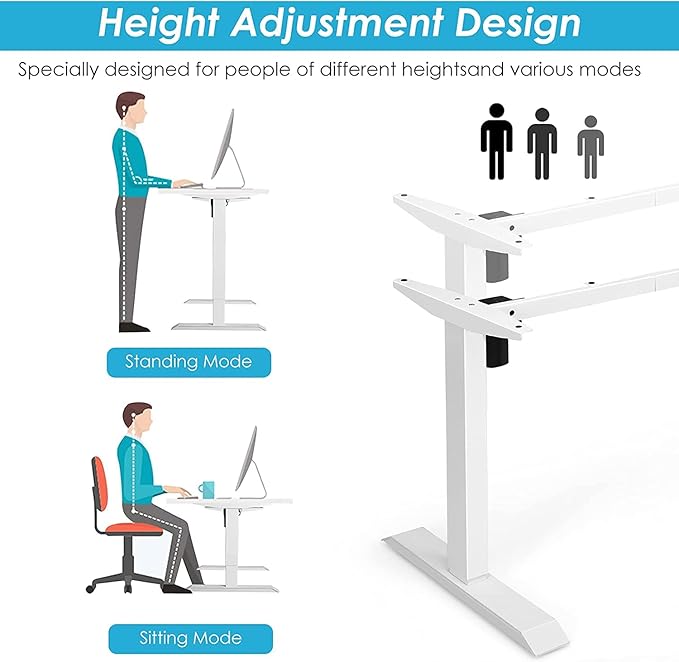 Electric, Single Motor Height Adjustable 2 Button Controller, Table Base for Work Home Office Computer Workstation Standing Desk Frame, White