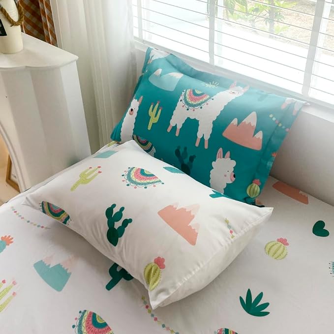 Wajade Kids Llama Comforter Set Bed in A Bag Queen Size 7 Piece Cute Alpaca Tropical Plant Cactus Bedding Set for Girls Boys (1 Comforter, 1 Flat Sheet, 1 Fitted Sheet, 2 Pillowcase and 2 Pillow Sham)