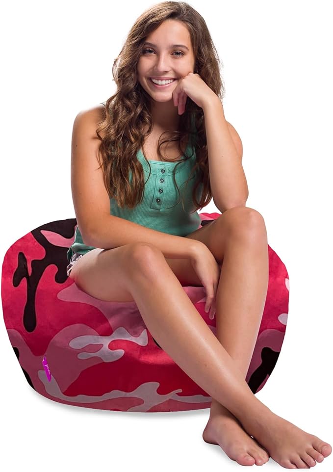 Posh Creations Structured Comfy Bean Bag Chair for Gaming, Reading and Watching TV, 100in Round Classic Chair, Nylon - Camo Pink and Black