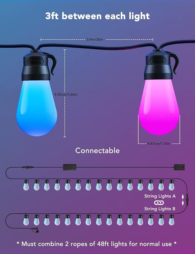Govee Smart Outdoor String Lights H7021, RGBIC Warm White 96ft (2 Ropes of 48ft) LED Bulbs for Halloween Decorations, Christmas, WiFi Patio Lights Work with Alexa, Google, APP Control, IP65 Waterproof