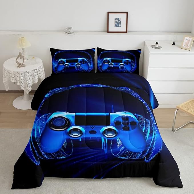 Feelyou Gamer Bedding Set Kids Video Game Gamepad Comforter Set for Boys Teens Gaming Headset Comforter Blue Game Controller Duvet Set Room Decor Quilt King Size Boys
