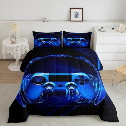 Feelyou Gamer Bedding Set Kids Video Game Gamepad Comforter Set for Boys Teens Gaming Headset Comforter Breathable Blue Game Controller Duvet Set Room Decor Quilt Set Twin Size