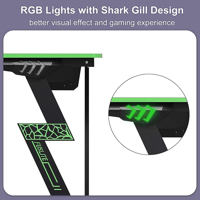 Gaming Desk 47 inch, PC Computer Desk RGB Light Gaming Table with Cup Holder, Earphone Hook, Power Strip Box, Green