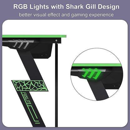 Gaming Desk 47 inch, PC Computer Desk RGB Light Gaming Table with Cup Holder, Earphone Hook, Power Strip Box, Green