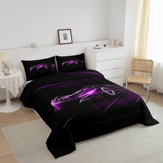 Feelyou Purple Race Car Bedding Set Queen Size for Kids Boys Extreme Sport Games Comforter Set Teens Toddler Fast and Furious Duvet Set Cool Modern Quilt Set 3Pcs