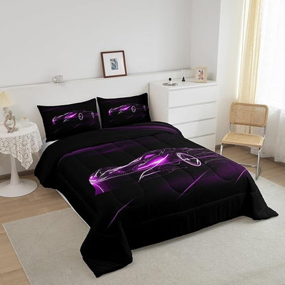 Feelyou Purple Race Car Bedding Set King Size for Kids Boys Extreme Sport Games Comforter Set Teens Toddler Fast and Furious Duvet Set Cool Modern Quilt Set 3Pcs