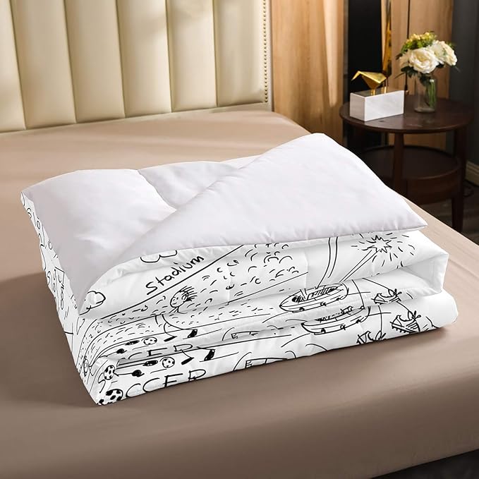 Erosebridal Boys Football Comforter Set Full Hand Drawn Soccer Bedding Set for kids teen men Sports Games down comforter Black White Sketch Quilt Duvet Insert 1 Comforter with 2 Pillow Cases