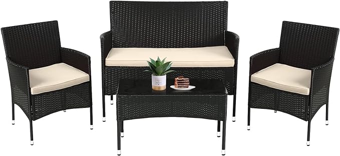 FDW Patio Furniture Set 4 Pieces Outdoor Rattan Chair Wicker Sofa Garden Conversation Bistro Sets for Yard,Pool or Backyard