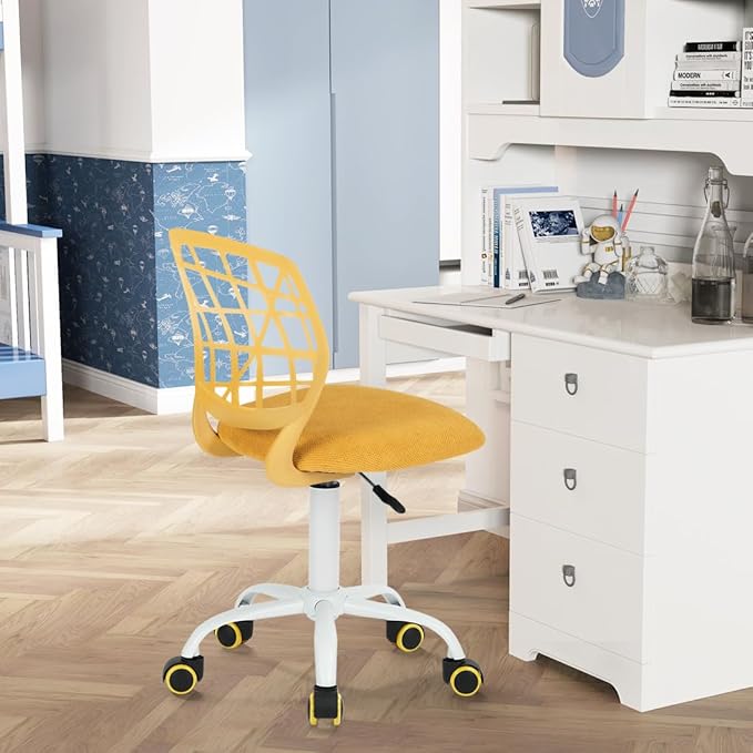 Kids Desk Chair, Fabric Office Chair Armless Small Mid Back Swivel Children Computer Task Chair Ergonomic Height Adjustable Study Chairs with Swivel Padded Cushion and Rolling Wheels, Yellow