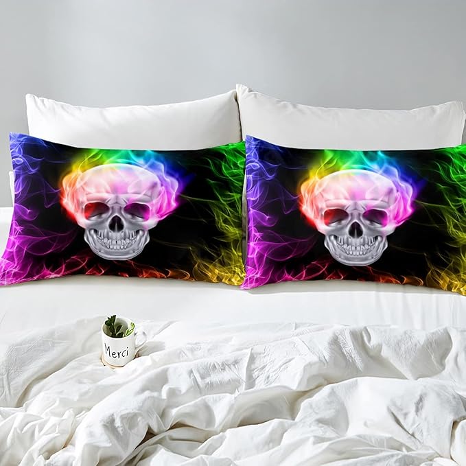 Erosebridal Skull Comforter Set, Skeleton Bones Bedding Set Queen Size Halloween Horror Gold Flame Duvet Sets for Kids Teens Adult Bedroom Decor, Gothic Spooky Bedding Comforters, Warmth Soft