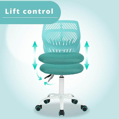 FurnitureR Writing Task Chair 360 Swivel,Low Mid PP Mesh Back Fabric Seat, Height Adjustable, Rolling Castor,W15.7”xD15.2”x H29.5-34.2",Turquoise