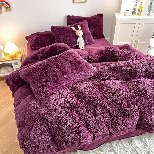 Faux Fur Kids Girls Grape Purple Comforter Sets Queen - 3PC Bed Set Warm Comfortable Soft Plush Flannel Velvet Fluffy Fuzzy Bedding（Comforter x 1 Pillowcases x 2）