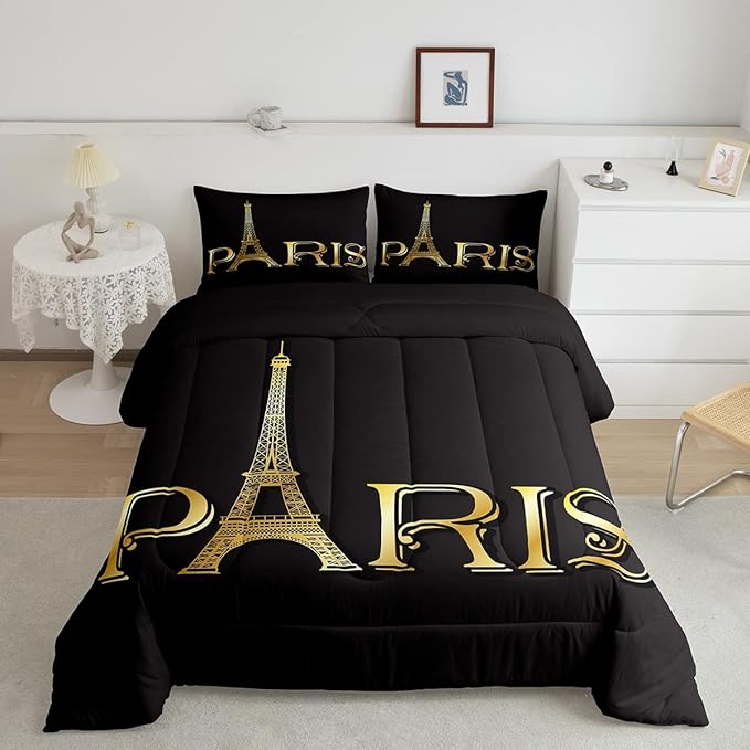 Erosebridal Eiffel Tower Comforter Set, City Building of Paris Bedding Set Twin Size, Gold Black Duvet Sets for Kids Boys Girls Teens Bedroom, Soft Microfiber Bedding Comforters with 1 Pillow Case