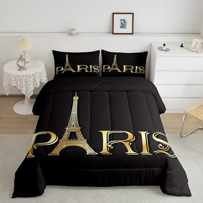 Erosebridal Eiffel Tower Comforter Set, City Building of Paris Bedding Set Queen Size, Gold Black Duvet Sets for Kids Boys Girls Teens Bedroom, Soft Microfiber Bedding Comforters with 2 Pillow Cases