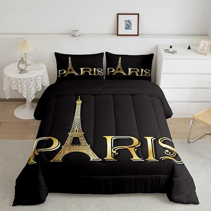 Erosebridal Eiffel Tower Comforter Set, City Building of Paris Bedding Set Full Size, Gold Black Duvet Sets for Kids Boys Girls Teens Bedroom, Soft Microfiber Bedding Comforters with 2 Pillow Cases