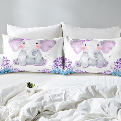 Kids Elephant Bedding Set Cute Animal Comforter Set Full For Girls Boys Kawaii Room Decor, Flower Branches Duvet Sets Cartoon Elephant With Floral Down Comforter With 2 Pillow Cases, Purple Blue