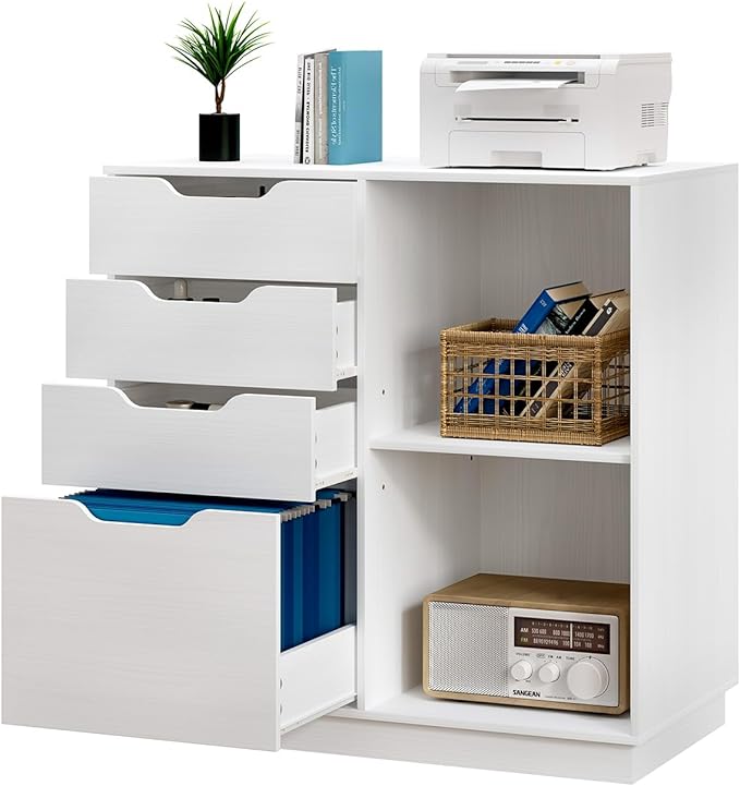 4 Drawers Lateral File Cabinets, Wood Filing Cabinet, Printer Stand with Open Storage Shelves for Home Office, 6 Compartments, White