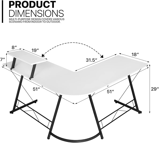 MoNiBloom L Shaped Computer Desk Corner Table with Metal Frame, L Desk Workstation for Home Office, Space-Saving, White