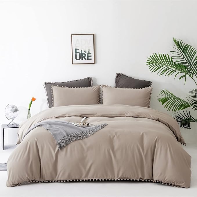 Deep Champagne Comforter Set Full Pom Pom Fringe Comforter 3 PCs Soft Taupe Boho Ball Pom Pom Full Comforter Bedding Women Men Solid Dark Khaki Full Bed Comforter Set All Season Gift