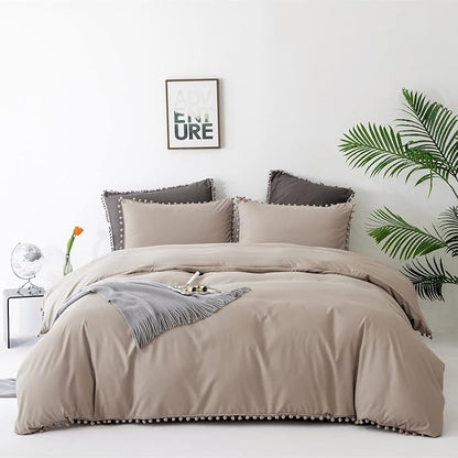 Deep Champagne Comforter Set Full Pom Pom Fringe Comforter 3 PCs Soft Taupe Boho Ball Pom Pom Full Comforter Bedding Women Men Solid Dark Khaki Full Bed Comforter Set All Season Gift