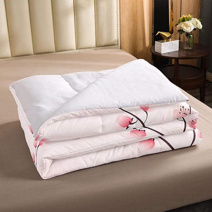 Erosebridal Cherry Blossoms Comforter Set Full, Girl Pink Floral Down Comforter, Japanese Spring Bedding Set, Pale Pink Blossom Petal Quilted Duvet, Branch Floral Duvet Set for Women,Girly Romantic