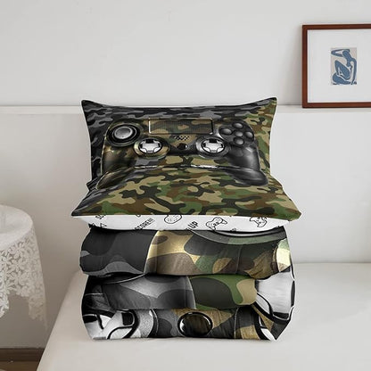 Feelyou Kids Gamer Comforter Set Camouflage Gaming Bedding Set for Boys Teens Bedroom Green Black Camo Video Game Decor Comforter Gamer Console Quilt Set Queen Size Duvet Quilted 3Pcs